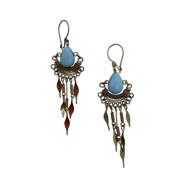 New VTG Tribal Artisan Handmade Dangle Drop Earrings Blue Opal 2"Metal Wire Art - Picture 3 of 7